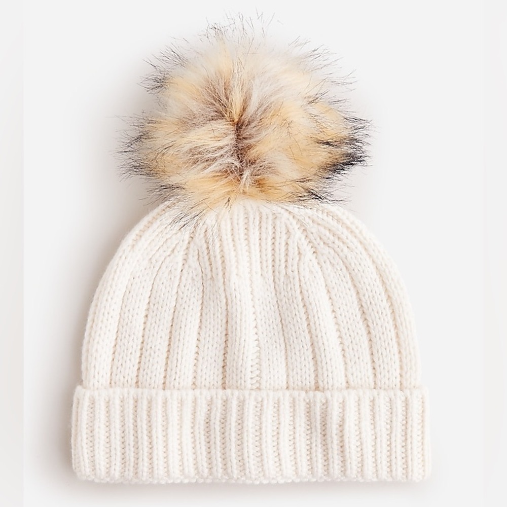 J. Crew Ivory Wool Blend Ribbed Faux Fur Pom-Pom Beanie Hat BM779 NWT One Size